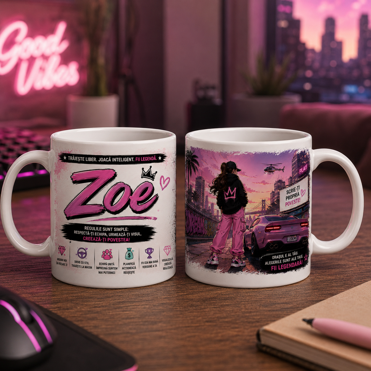 Cană personalizată gamer pentru fată cu numele Zoe, 330 ml, design roz cu personaj urban, mașină sport, oraș și elicopter