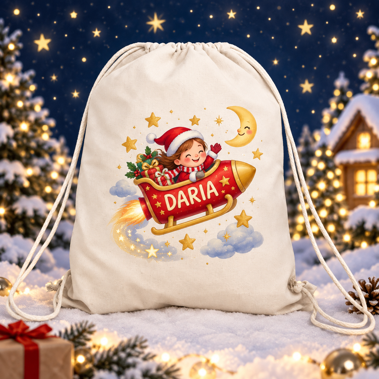Sac sport personalizat pentru copii – Sanie magică de Crăciun cu nume | Canvas 43 × 34 cm