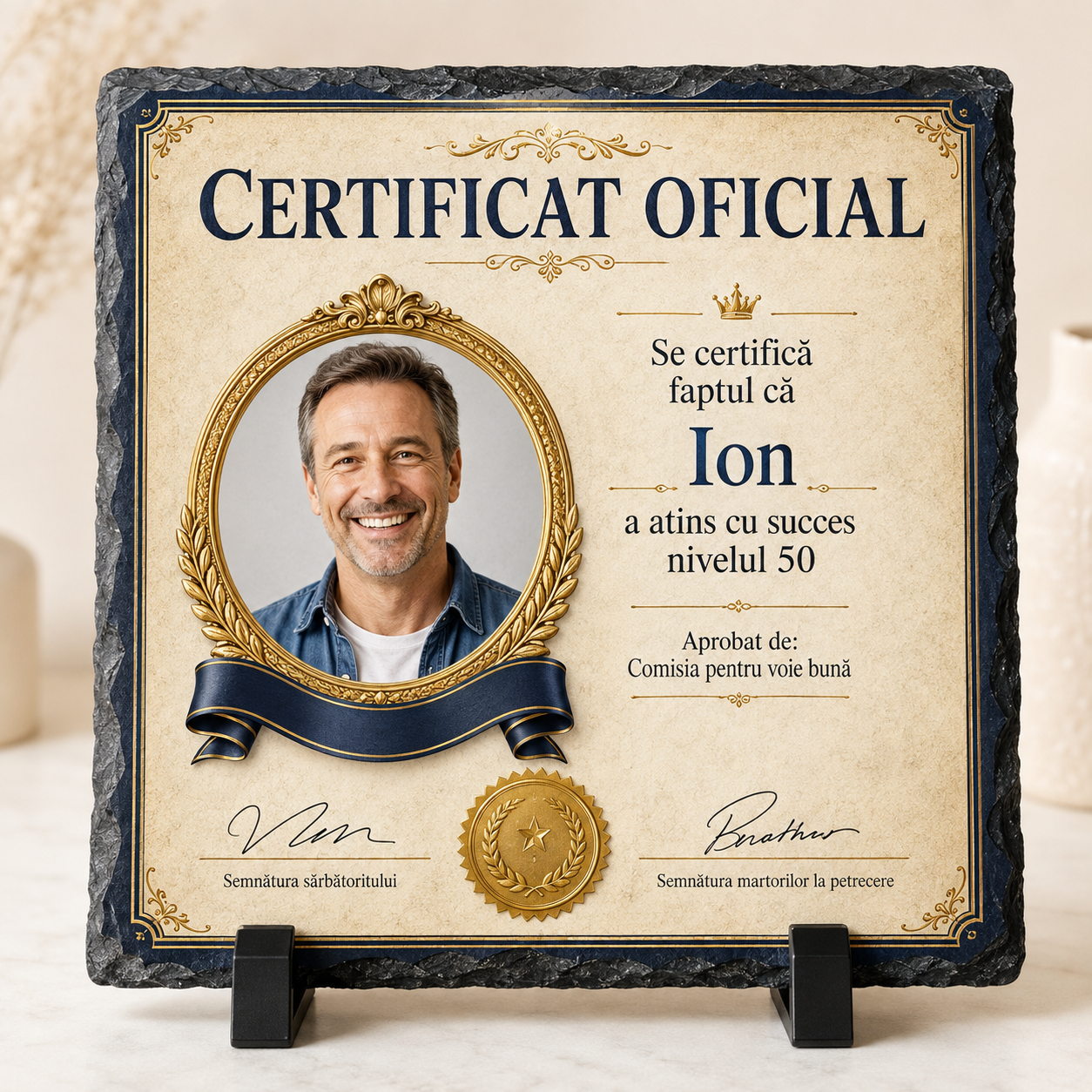 Placă ardezie personalizată „Certificat Oficial” – cadou aniversar cu fotografie, nume și vârstă