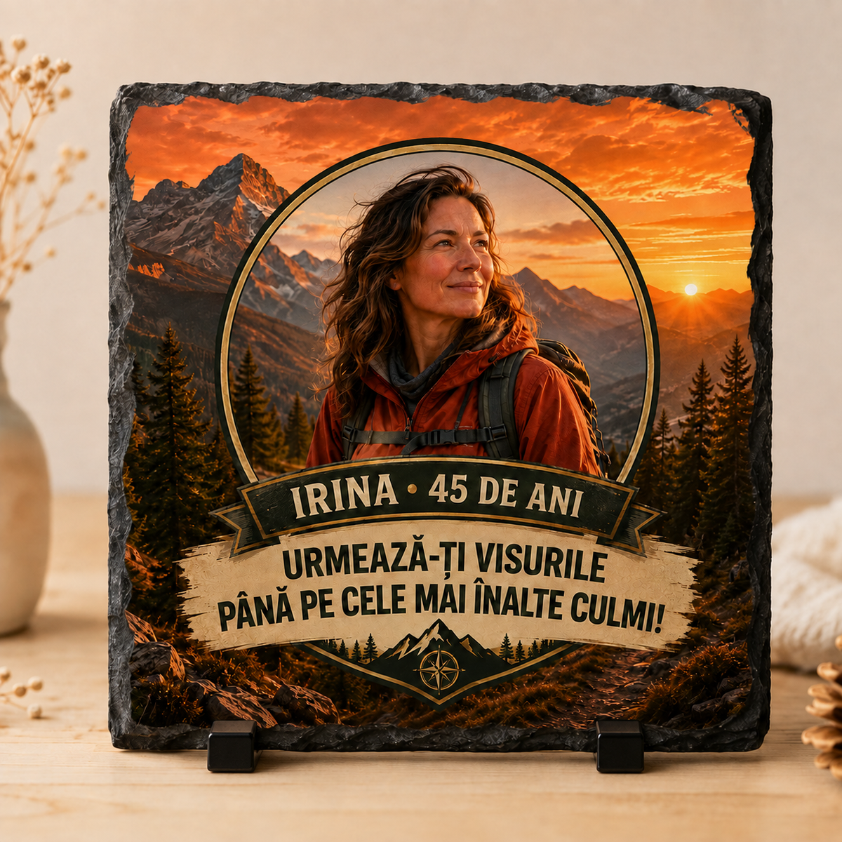Placă de ardezie personalizată 20×20 cm cu poză – Cadou aniversar pentru iubitoarele de munte și drumeții