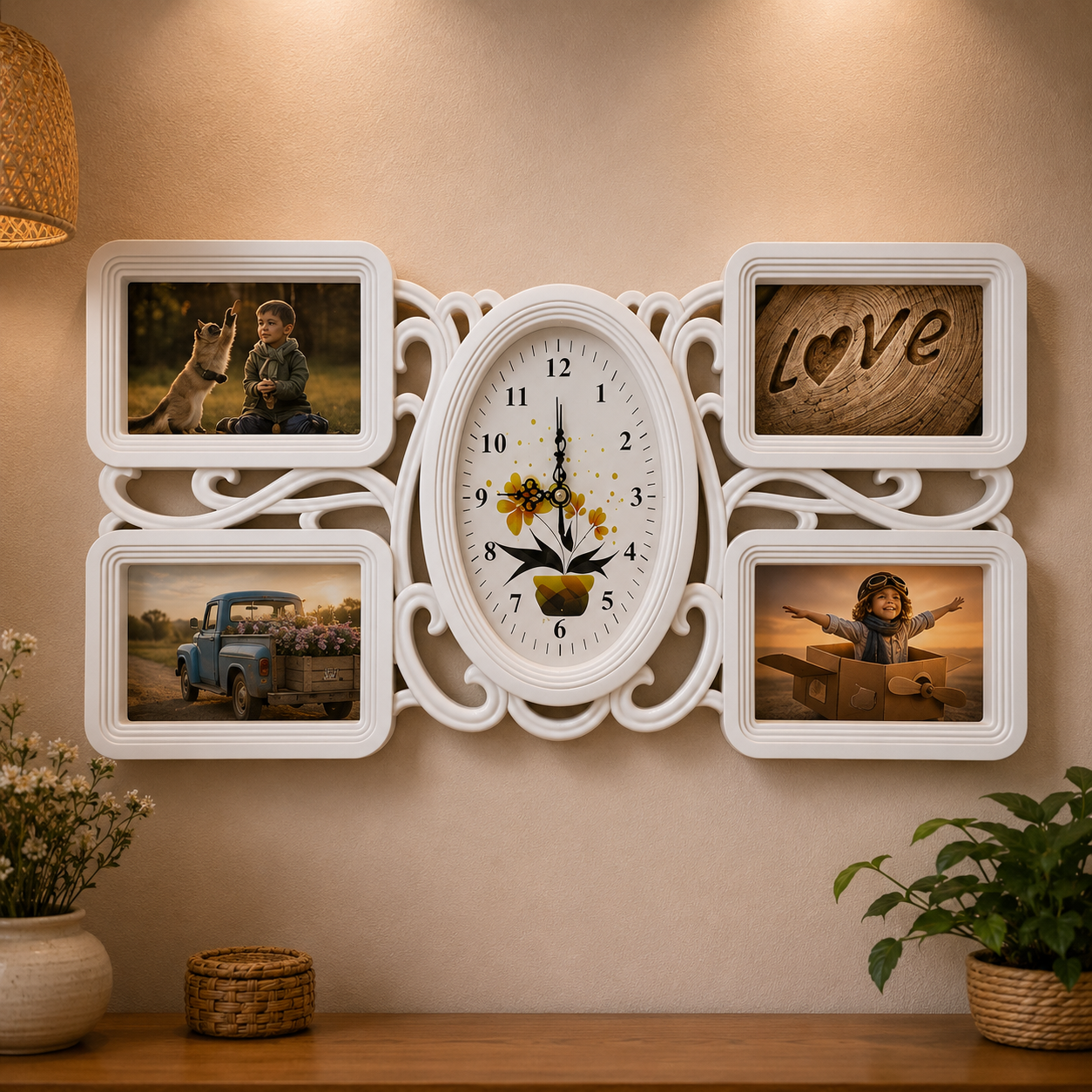 Ramă Foto Colaj cu Ceas – 4 Fotografii Personalizabile