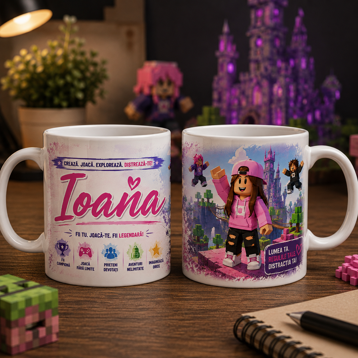 Cană personalizată gamer pentru fată cu numele Ioana, 330 ml, design roz cu personaj, castel și lume creativă din blocuri