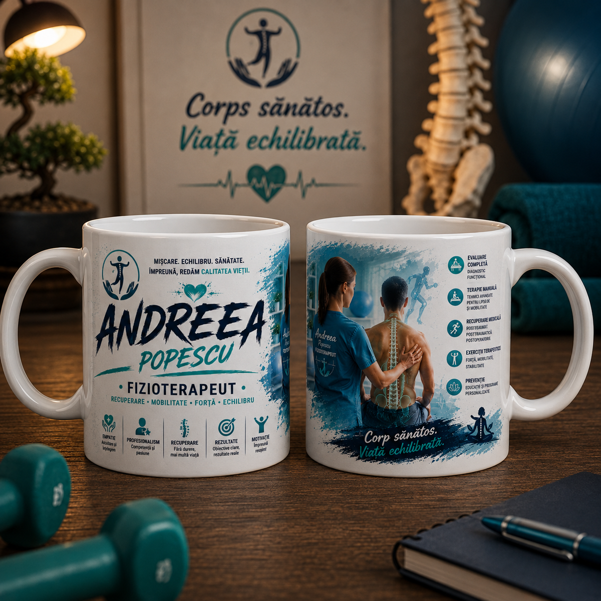 Cană personalizată pentru fizioterapeut cu numele Andreea Popescu, 330 ml, design cu terapeut, pacient și coloană vertebrală