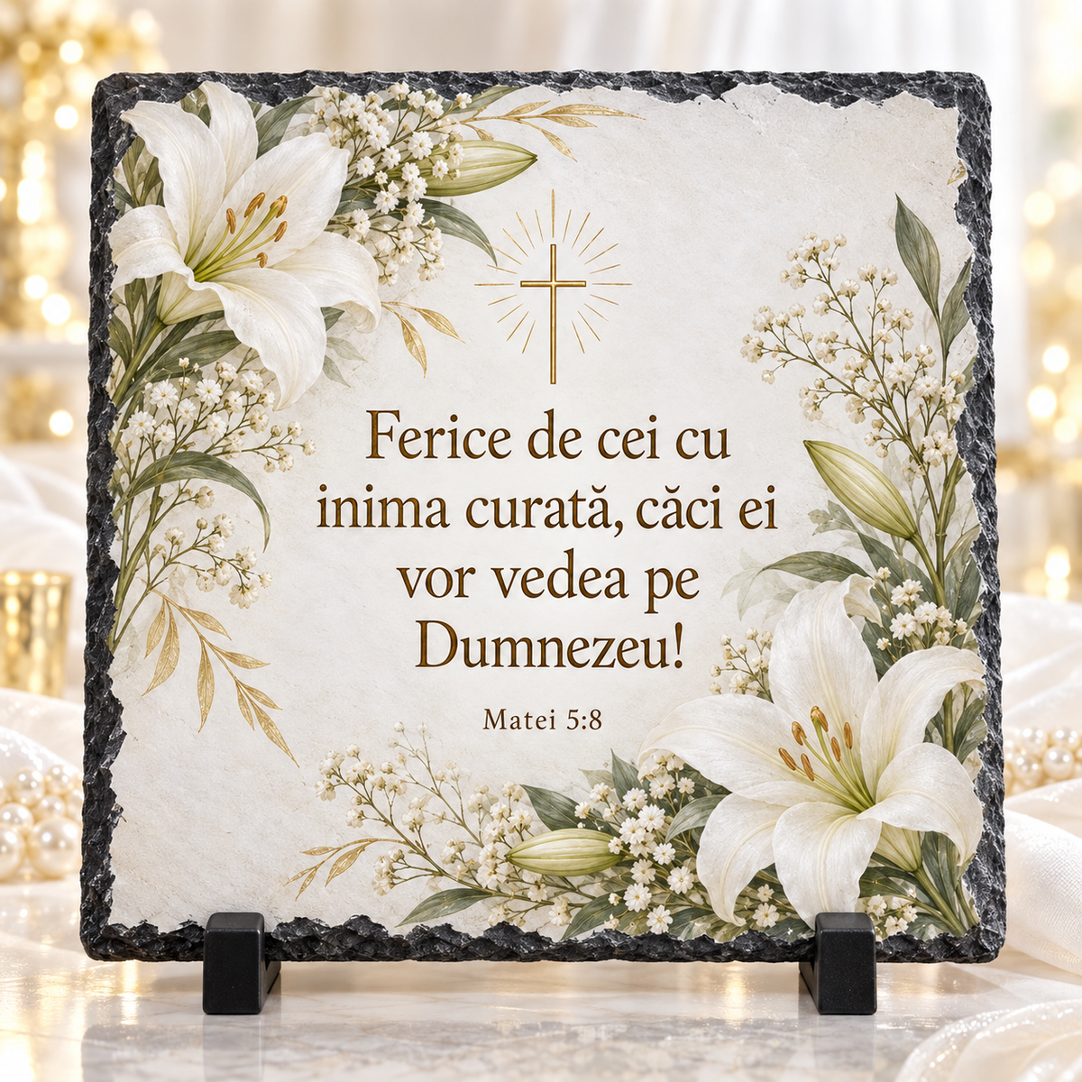 Placă Ardezie Personalizată 20x20 cm cu Crin Alb și Verset Biblic – Cadou Religios Elegant