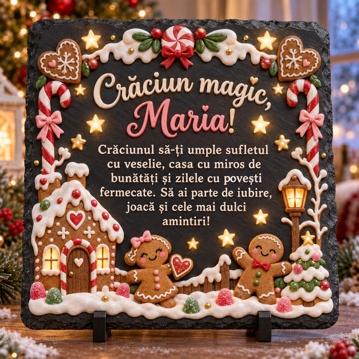 Placă de ardezie personalizată pentru fetițe 20 × 20 cm – „Crăciun magic” cu turtă dulce