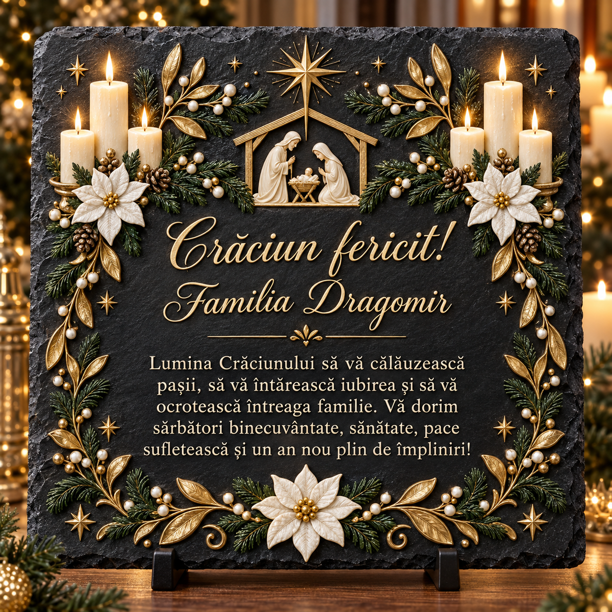 Placă ardezie personalizată de Crăciun 20×20 cm – Nașterea Domnului, lumânări și mesaj pentru familie