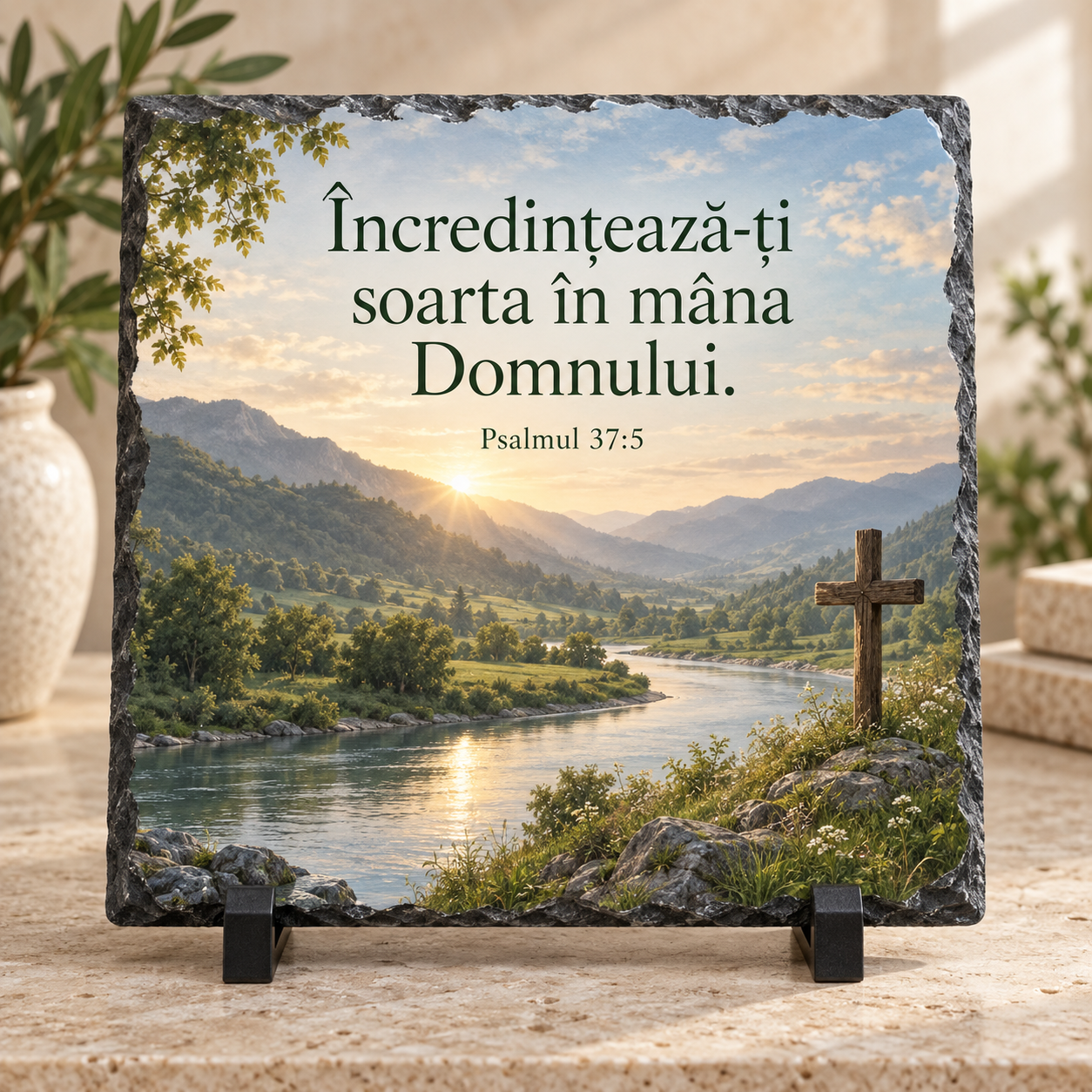 Placă Ardezie Personalizată 20x20 cm cu Verset Biblic – Cadou Religios cu Psalmul 37:5
