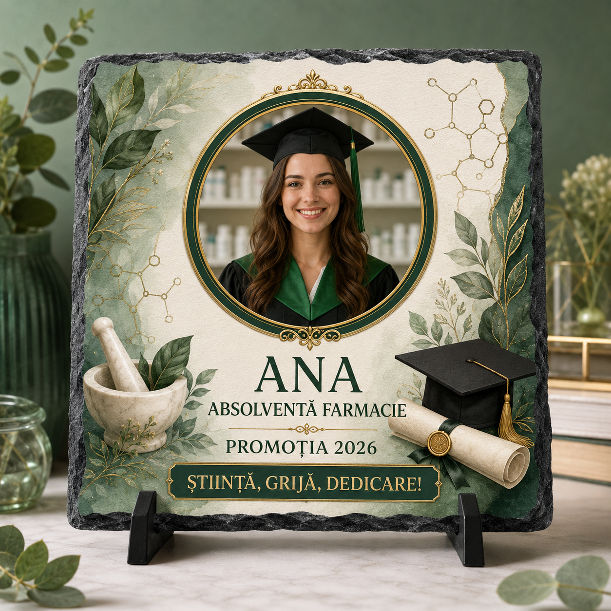 Placă de Ardezie Personalizată Absolvire Farmacie 20×20 cm cu Poză și Nume – Cadou pentru Absolventă