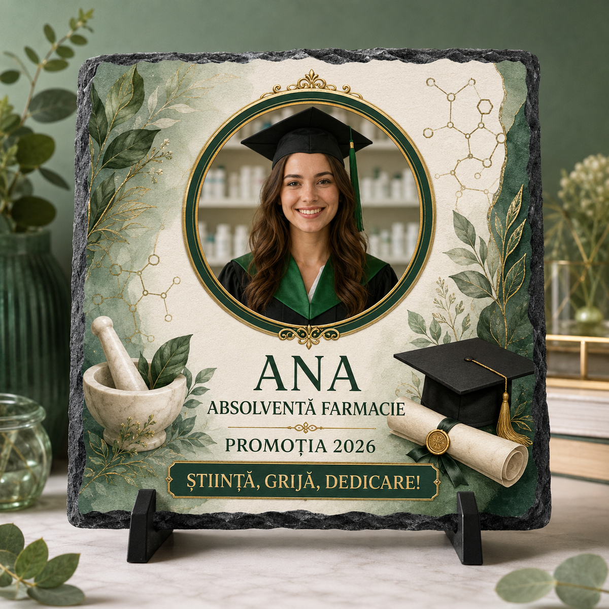 Placă de Ardezie Personalizată Absolvire Farmacie 20×20 cm cu Poză și Nume – Cadou pentru Absolventă