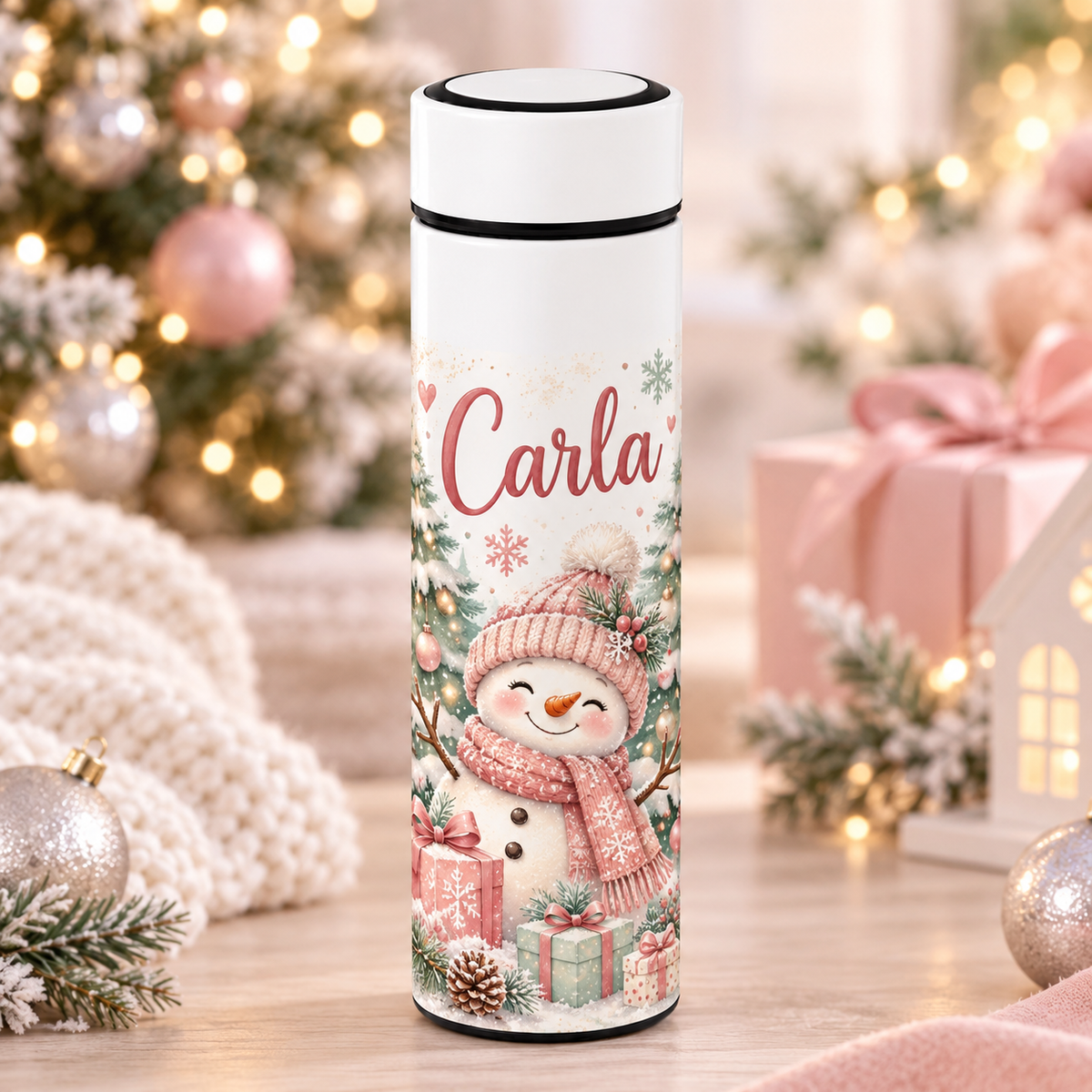 Termos Personalizat 500 ml cu Infuzor de Ceai și Nume – Model Om de Zăpadă de Crăciun