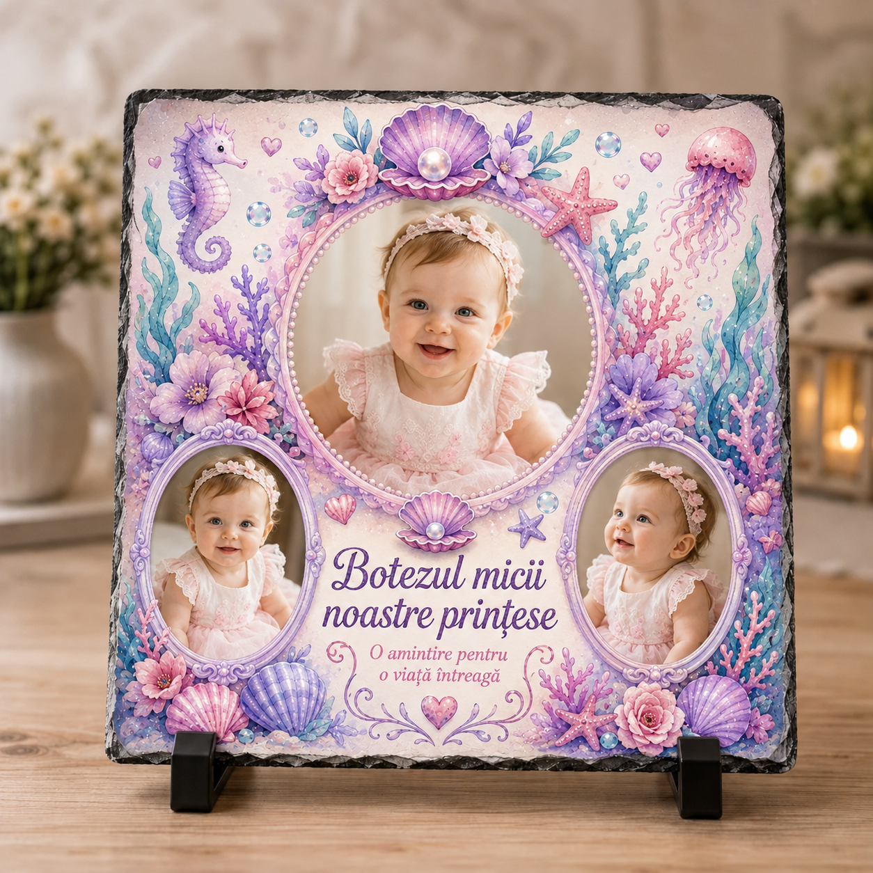 Placă ardezie personalizată 20×20 cm pentru botez – „Botezul micii noastre prințese”