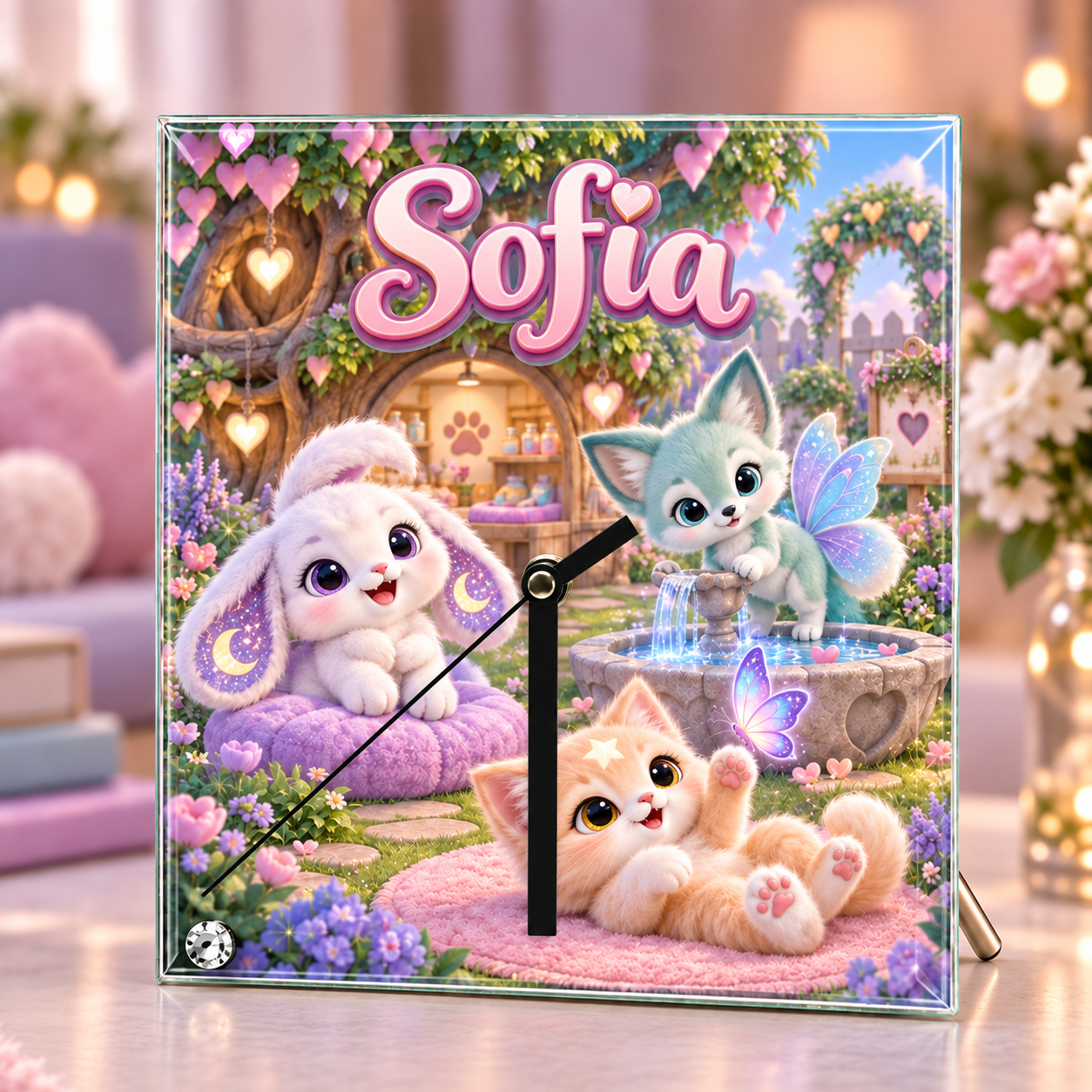 Ceas de birou personalizat pentru fetițe din sticlă 20×20 cm – cu nume și animăluțe