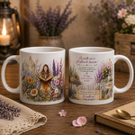 Cană aniversară cu flori și mesaj La mulți ani, 330 ml, design cu tânără citind, lavandă, margarete și grădină