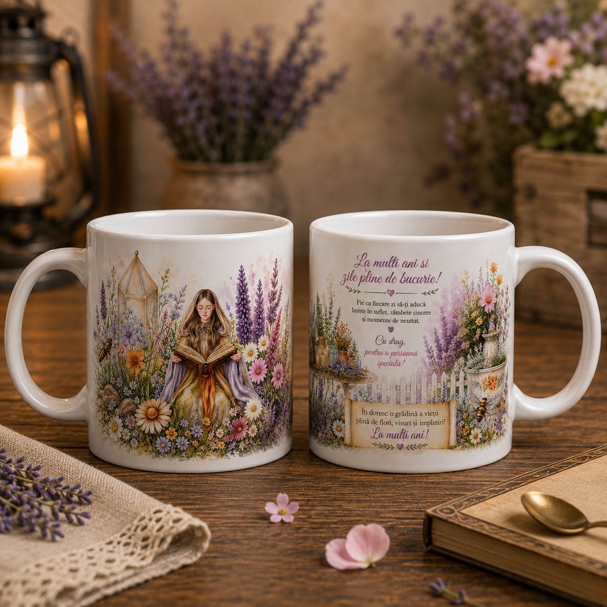 Cană aniversară cu flori și mesaj La mulți ani, 330 ml, design cu tânără citind, lavandă, margarete și grădină