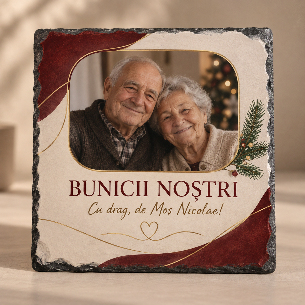Placă Ardezie Personalizată pentru Bunici 20×20 cm – Cadou de Moș Nicolae cu Fotografie