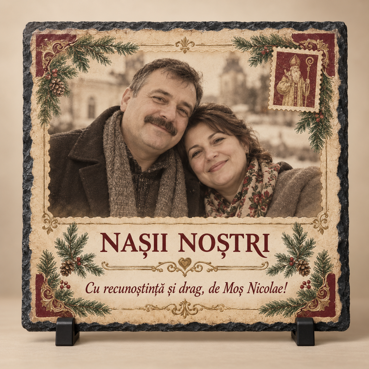 Placă Ardezie Personalizată 20×20 cm pentru Nași – Cadou de Moș Nicolae cu Fotografie