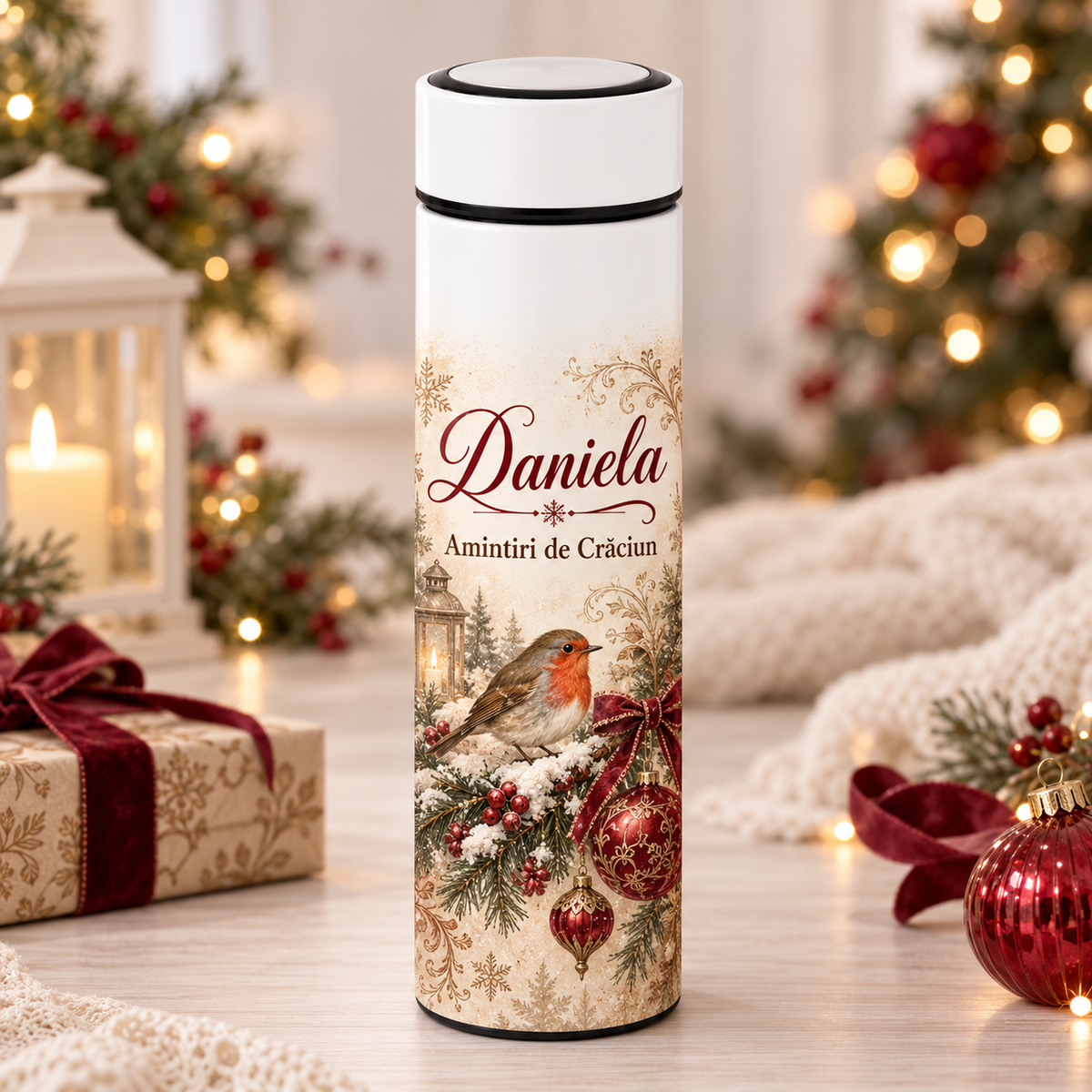 Termos Personalizat 500 ml cu Infuzor de Ceai, Nume și Mesaj – Amintiri de Crăciun
