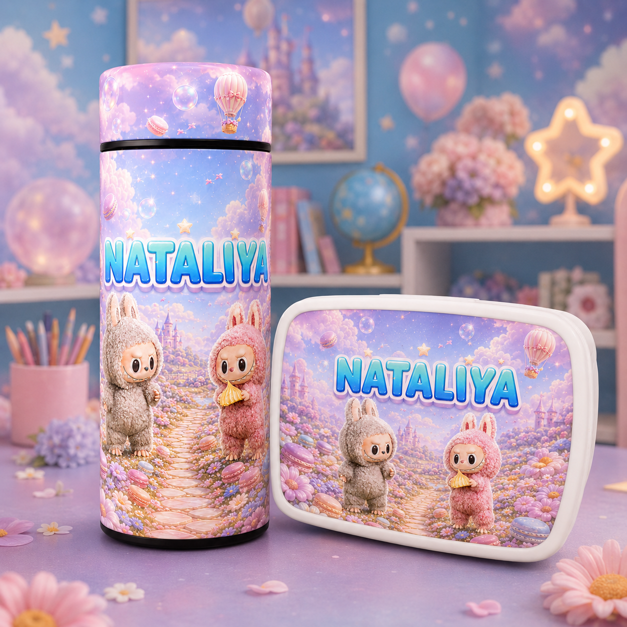 Set personalizat pentru fetițe cu personaje fantastice – termos 500 ml și cutie pentru prânz