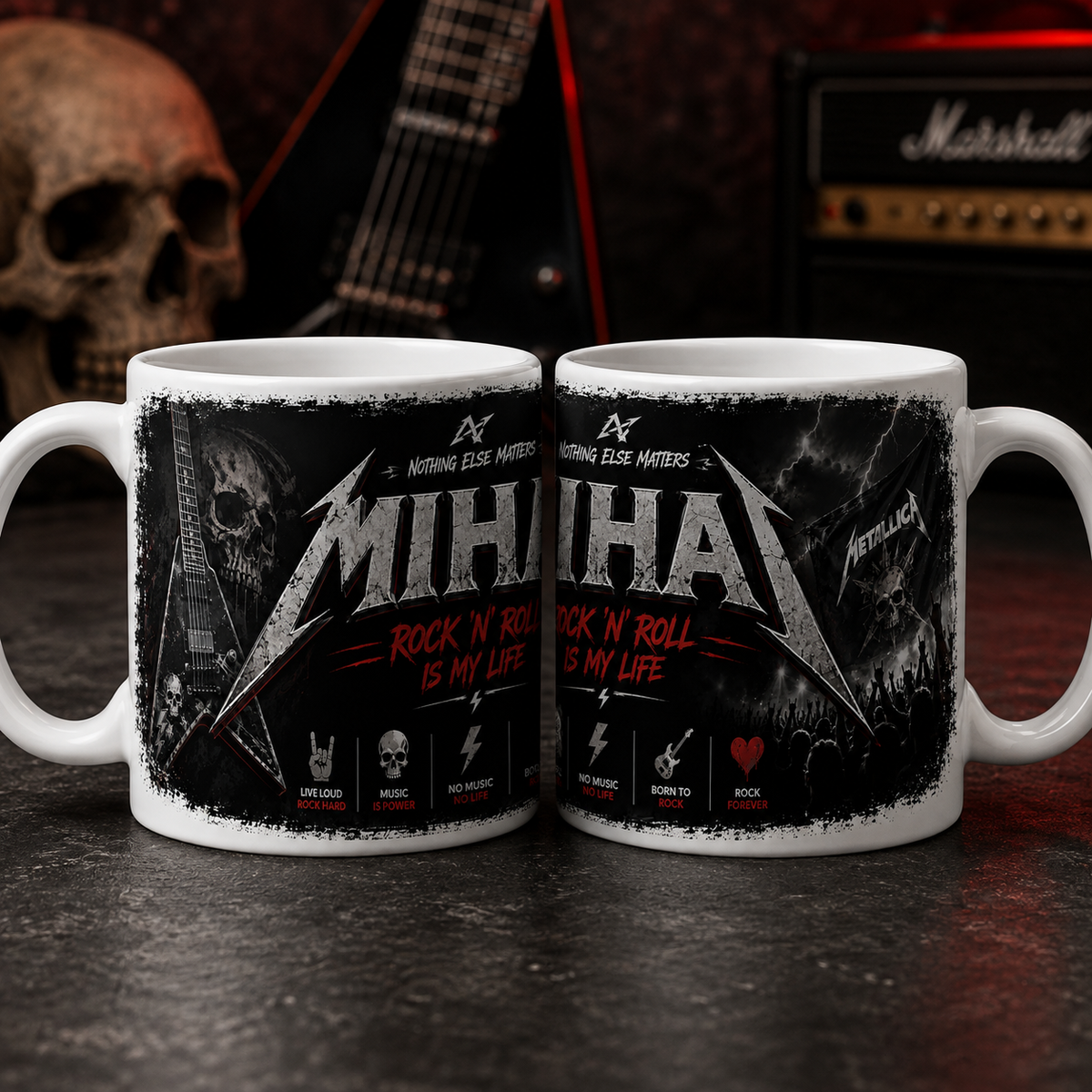 Cană personalizată heavy metal cu numele Mihai, 330 ml, design negru și roșu cu chitare electrice, cranii și concert rock