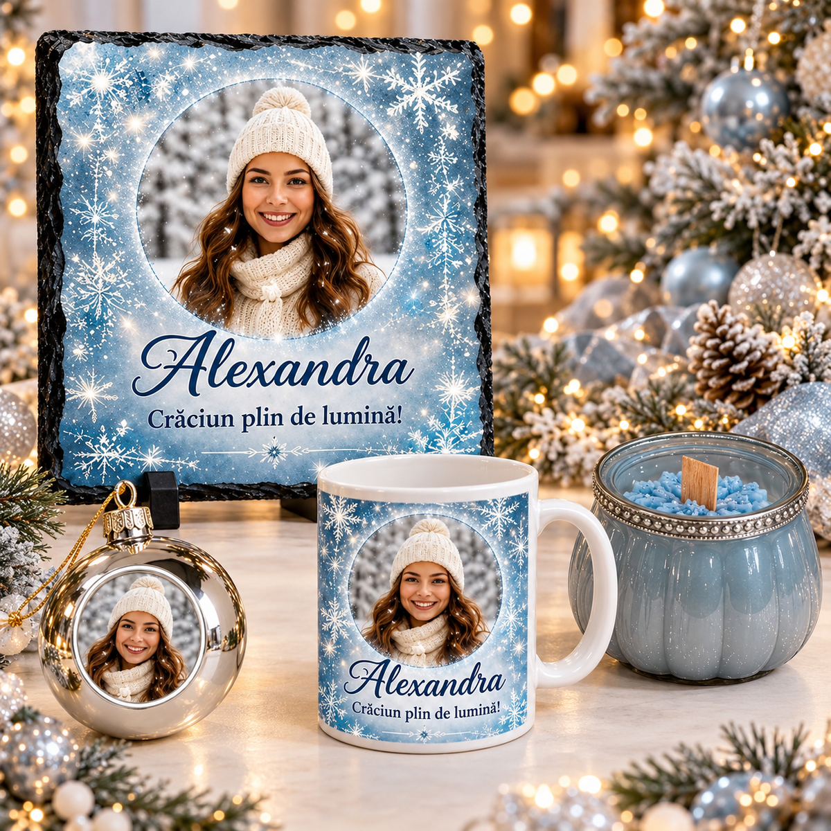 Set cadou personalizat de Crăciun cu poză – cană, ardezie, glob foto și lumânare handmade