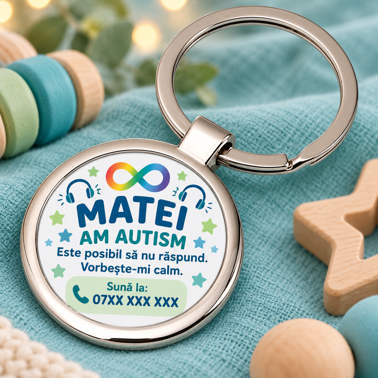 Breloc rotund personalizat pentru copii cu autism – mesaj de comunicare