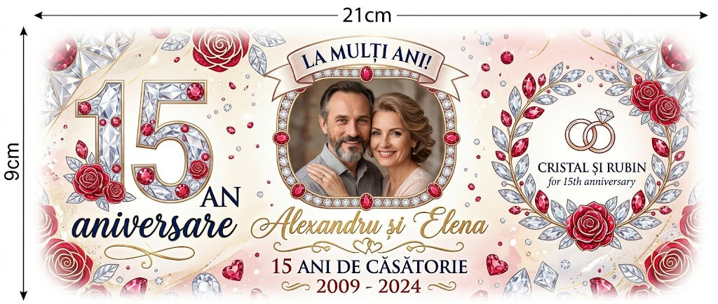 Cană personalizată aniversare 15 ani de căsătorie | Cu fotografie, nume și ani personalizați