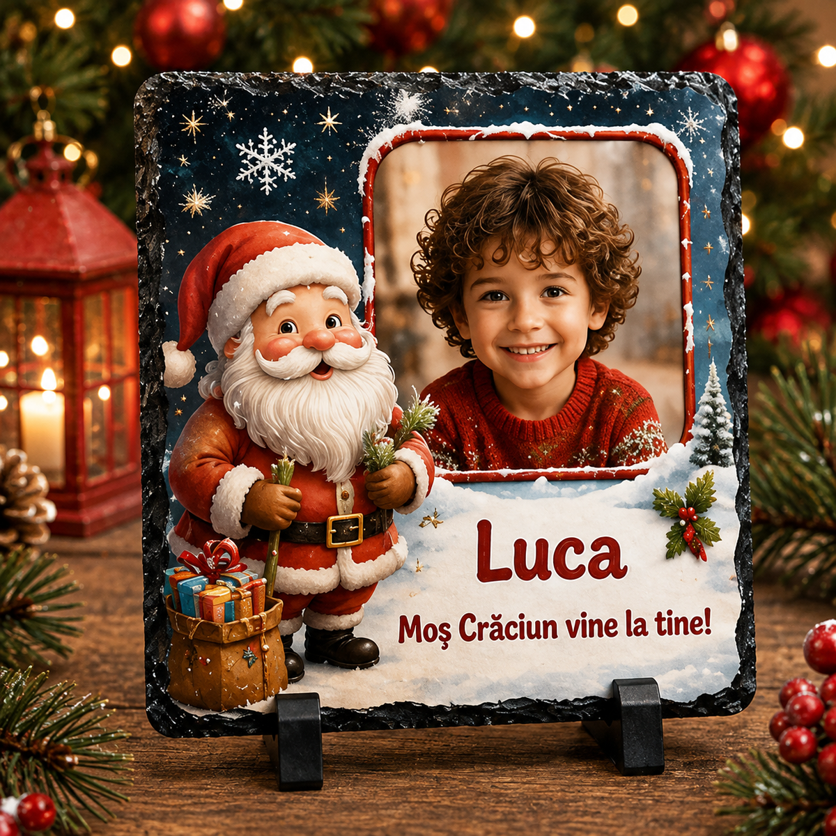 Piatră Ardezie Personalizată de Crăciun pentru Copii 20x20 cm cu Poză și Nume – Moș Crăciun Vine la Tine