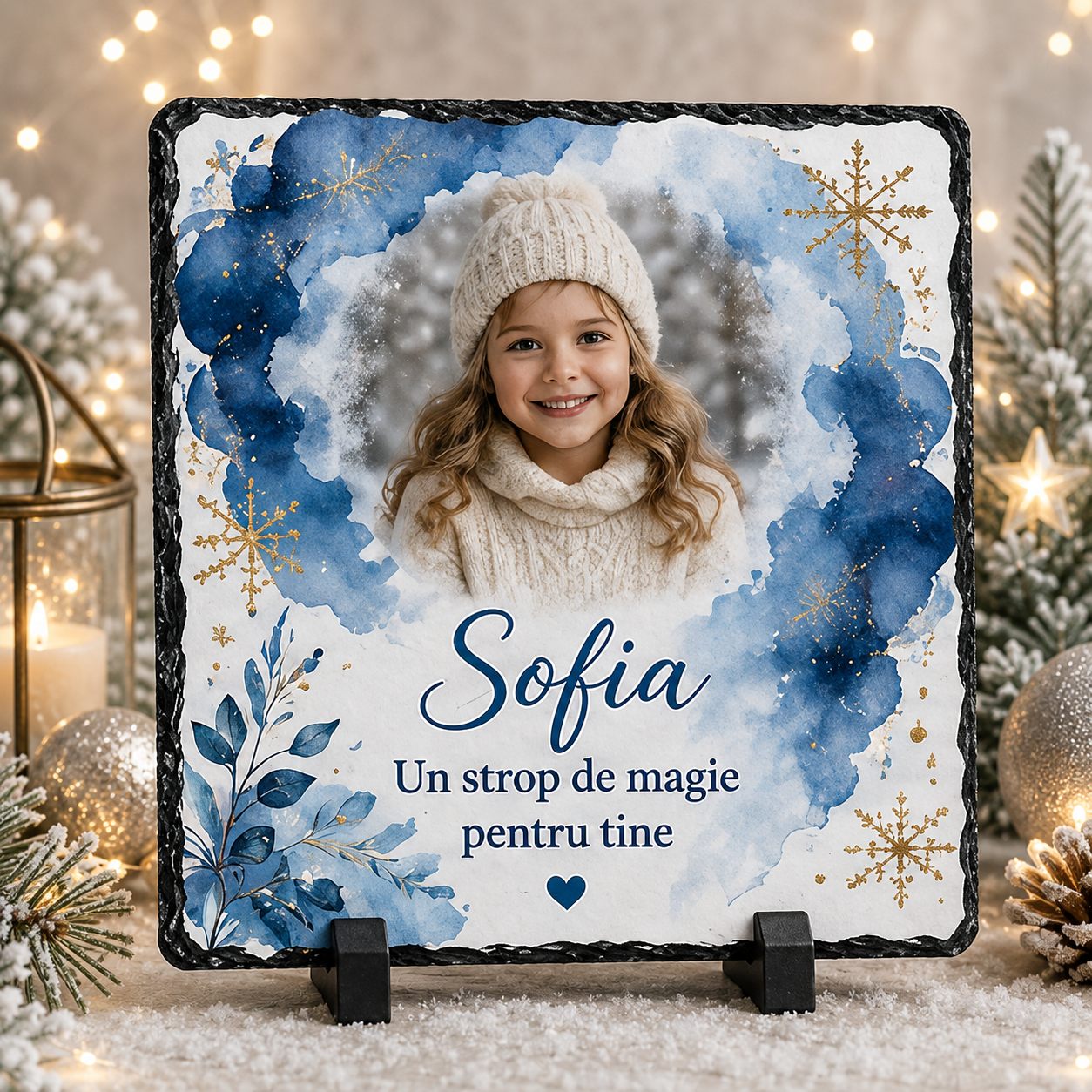 Piatră Ardezie Personalizată de Crăciun pentru Fetiță 20x20 cm cu Poză și Nume – „Un strop de magie pentru tine”