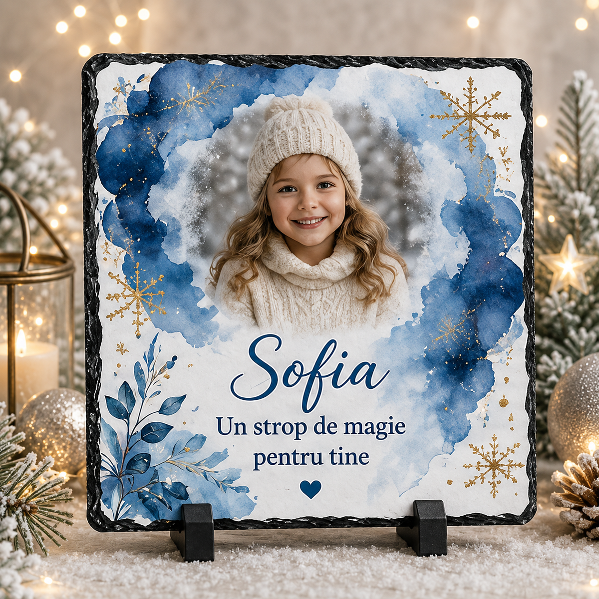 Piatră Ardezie Personalizată de Crăciun pentru Fetiță 20x20 cm cu Poză și Nume – „Un strop de magie pentru tine”