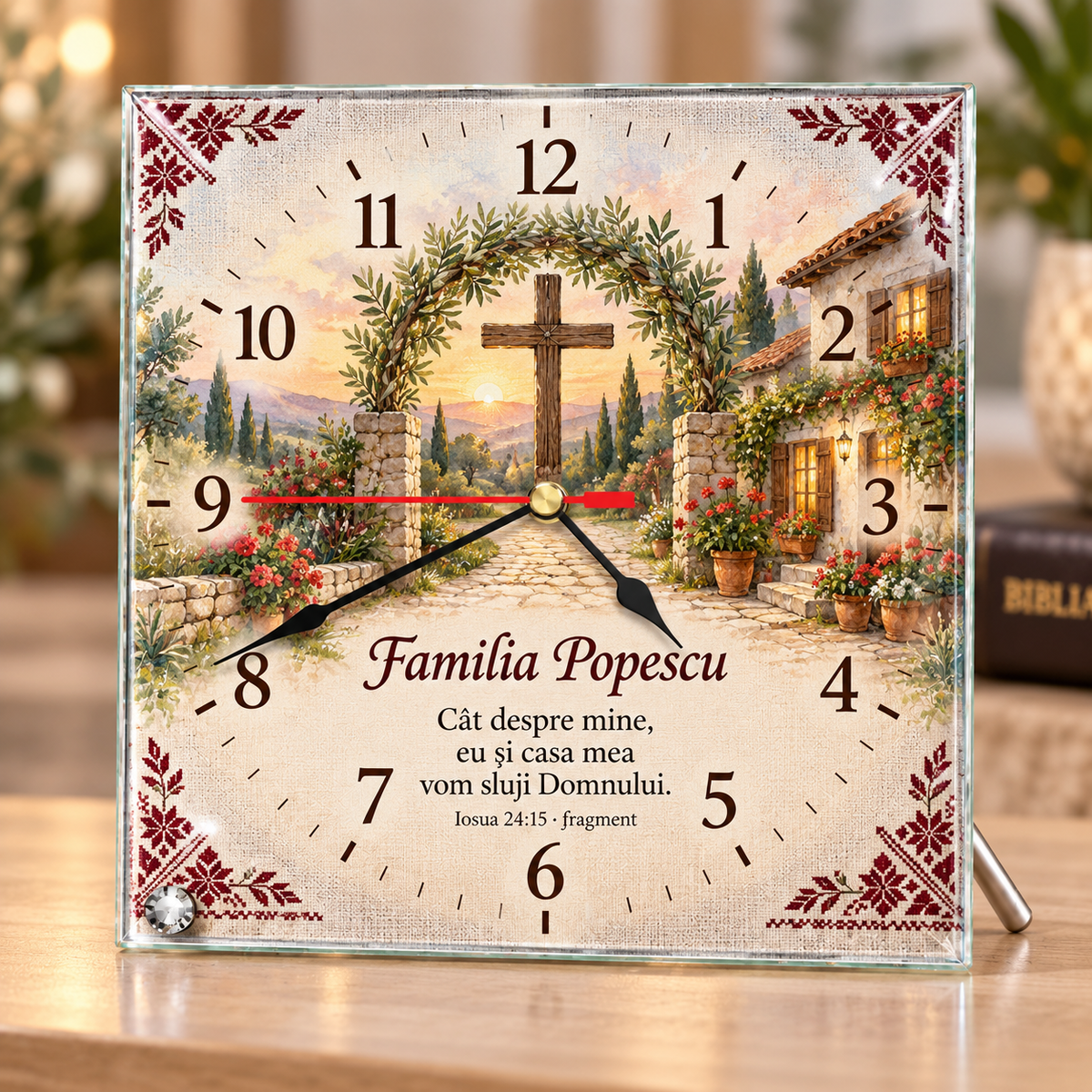 Ceas de Birou Personalizat din Sticlă 20x20 cm – Familia Popescu, Cruce și Verset Iosua 24:15
