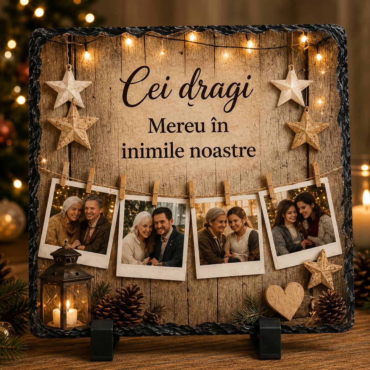 Piatră Ardezie Personalizată cu 4 Poze 20x20 cm – „Cei Dragi, Mereu în Inimile Noastre” – Cadou de Crăciun pentru Familie