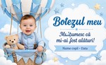 Mărturie de botez personalizată – Magnet de frigider 9 × 5,5 cm cu bebeluș, balon cu aer cald și ursuleț