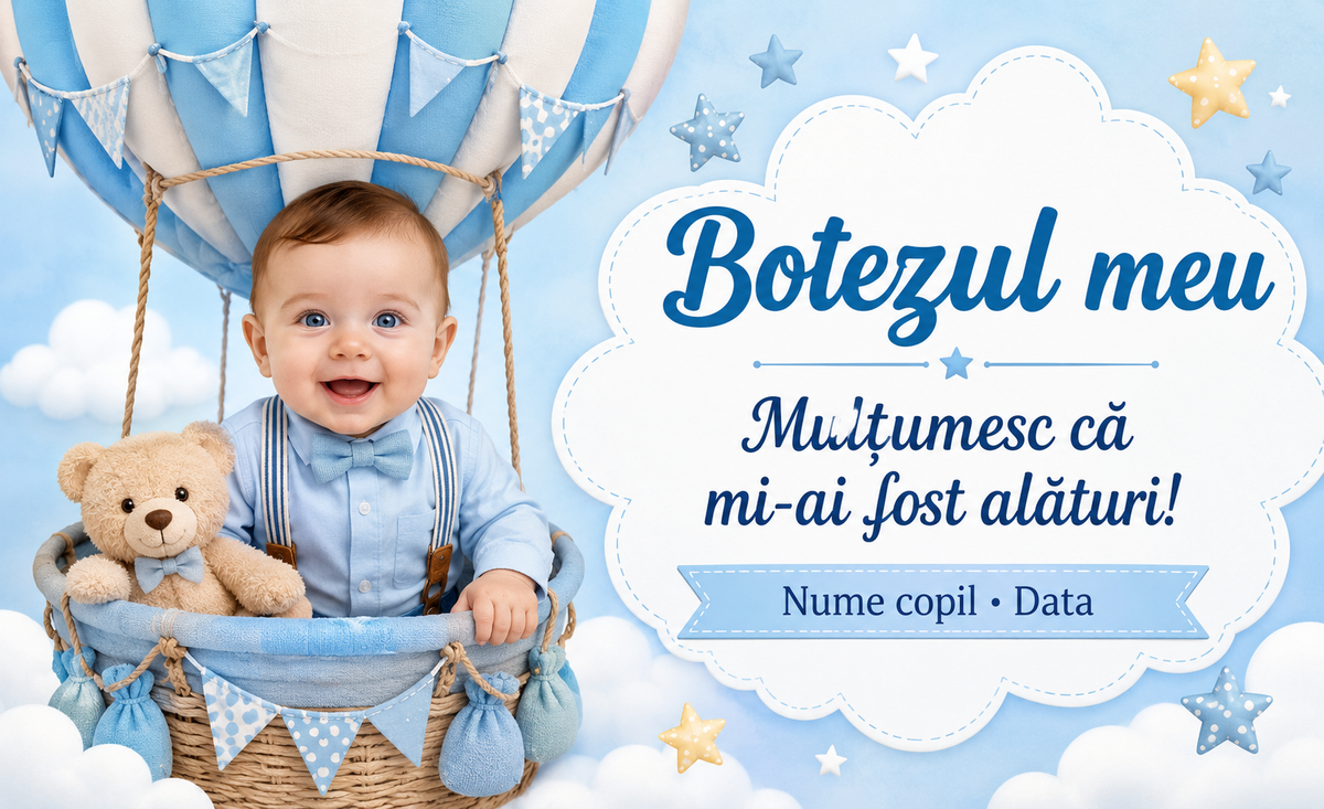 Mărturie de botez personalizată – Magnet de frigider 9 × 5,5 cm cu bebeluș, balon cu aer cald și ursuleț
