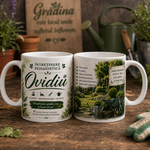Cană personalizată pentru peisagist cu numele Ovidiu, 330 ml, design cu grădină amenajată, gazon, roabă și unelte