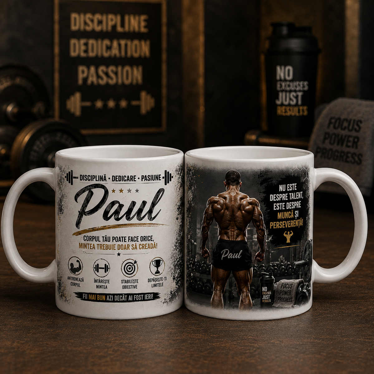Cană personalizată pentru culturist de 330 ml, cu numele Paul, sportiv muscular, gantere și mesaje motivaționale