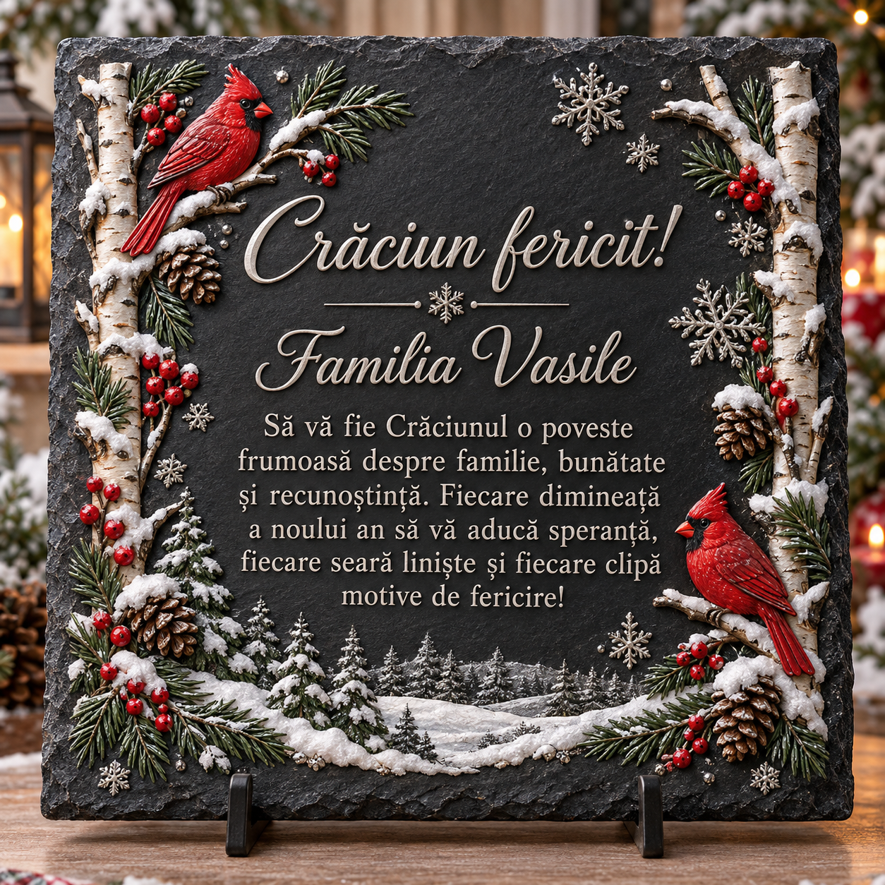 Placă ardezie personalizată de Crăciun 20×20 cm – cadou de familie cu peisaj de iarnă și păsări cardinal