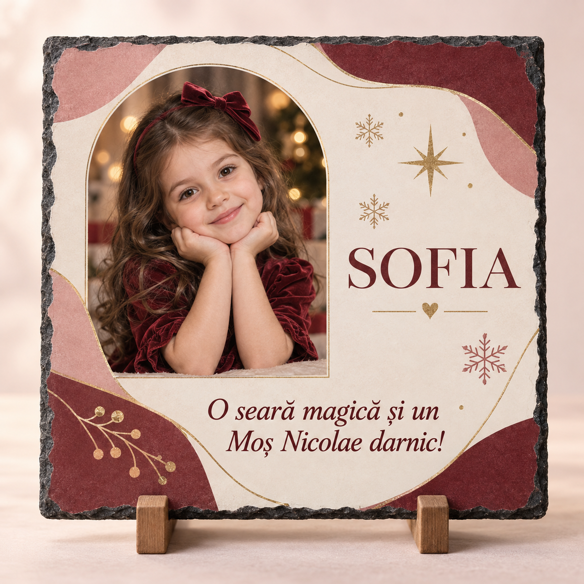 Placă Ardezie Personalizată 20×20 cm cu Poză și Nume – Cadou de Moș Nicolae pentru Fetiță