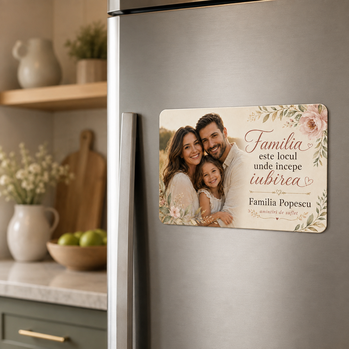 Magnet de frigider personalizat 9,5 × 6,5 cm cu fotografia familiei, mesajul Familia este locul unde începe iubirea și numele familiei