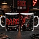 Cană personalizată hard rock cu numele Rareș, 330 ml, design negru și roșu cu chitară electrică, fulgere și amplificatoare