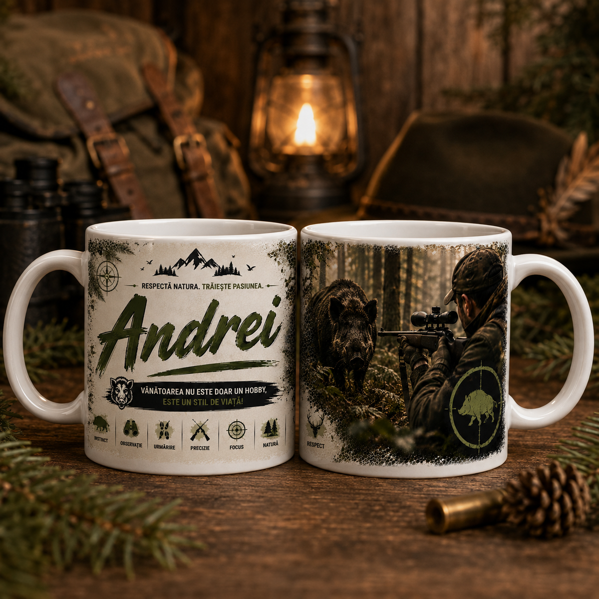 Cană personalizată pentru vânător de mistreț cu numele Andrei, 330 ml, design cu vânător, mistreț și pădure