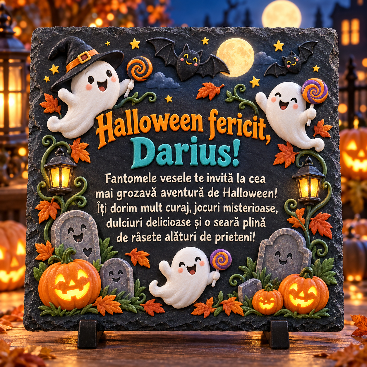 Placă ardezie personalizată Halloween pentru copii 20×20 cm – fantome vesele, dovleci, lilieci și nume personalizat