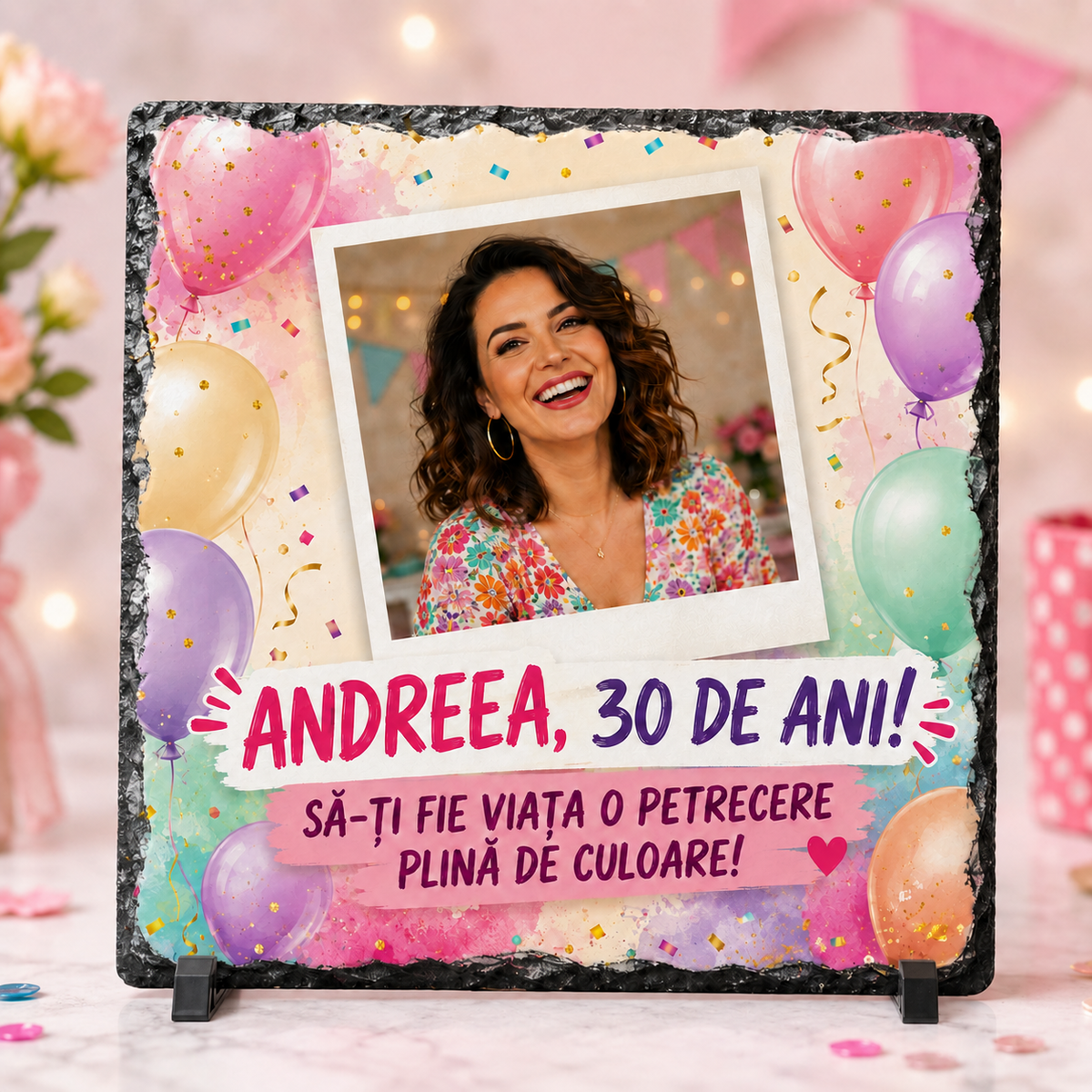 Placă de ardezie personalizată 20×20 cm cu poză – Cadou aniversare 30 de ani pentru femei