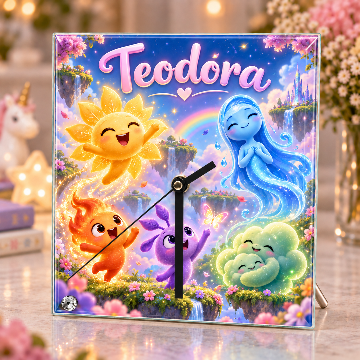 Ceas de birou personalizat pentru copii din sticlă 20×20 cm – Curcubeu, Soare și Elemente Magice, cu Nume