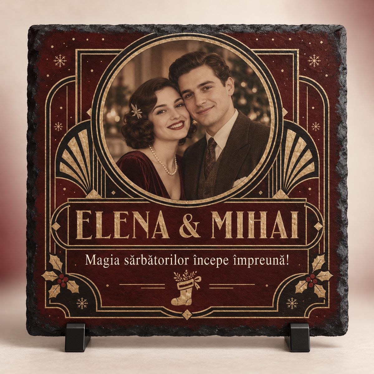 Placă Ardezie Personalizată 20×20 cm cu Poză – Cadou Elegant de Crăciun pentru Cuplu