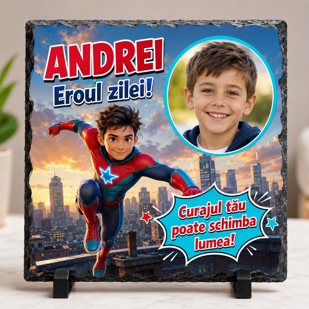 Placă ardezie personalizată 20×20 cm pentru copii – Cadou cu supererou, fotografie și nume