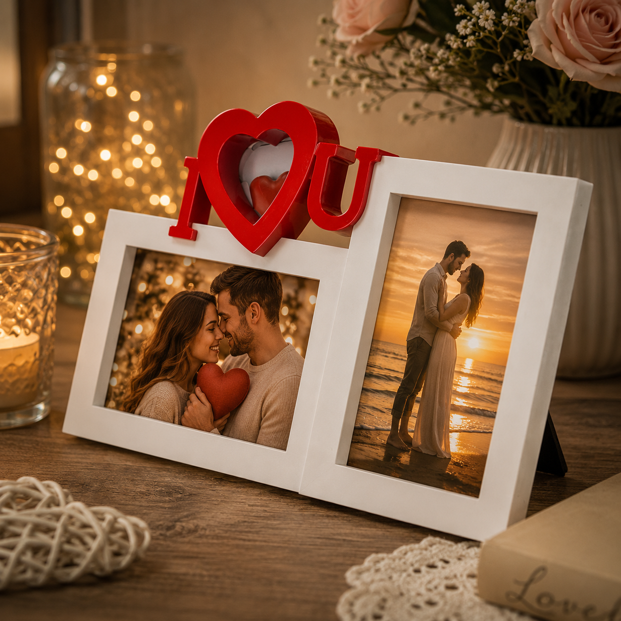 Ramă Foto Dublă „I ❤️ U” – Personalizabilă cu 2 Fotografii