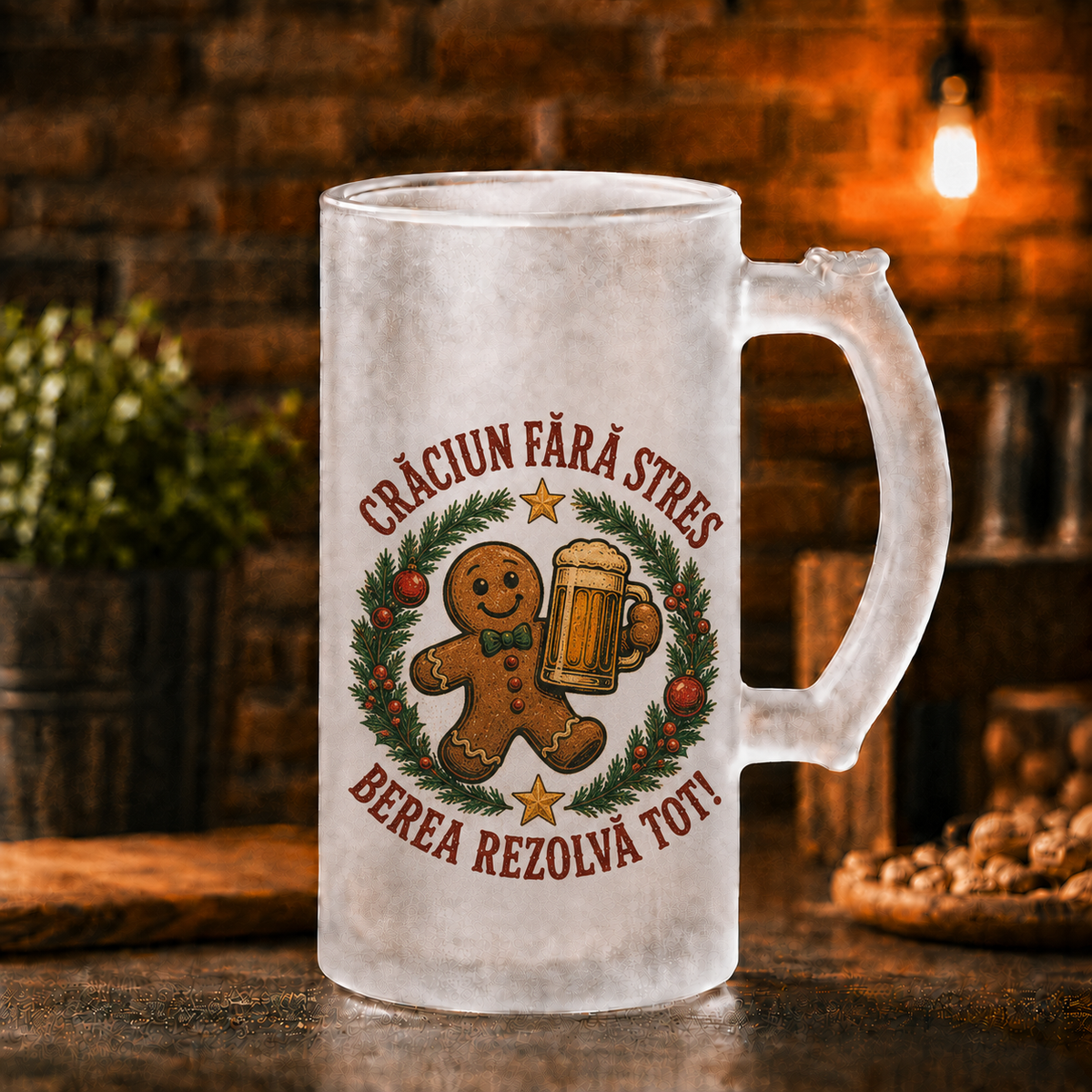 Halbă de bere 500 ml „Crăciun fără stres – Berea rezolvă tot!” – cadou amuzant de Crăciun