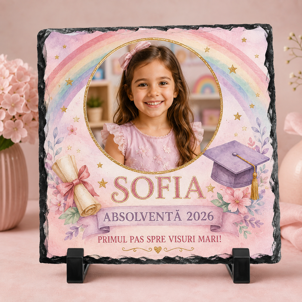 Placă de ardezie personalizată 20×20 cm cu poză – Cadou pentru absolvire fetiță 2026