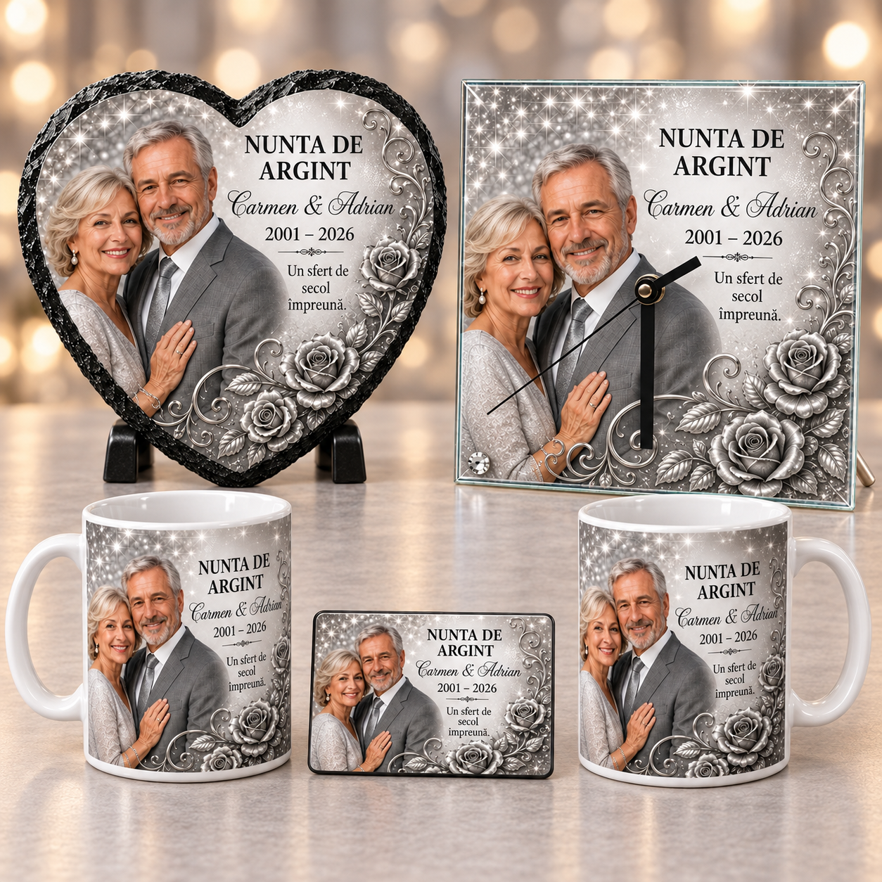 Pachet Premium Nunta de Argint Personalizat – Ardezie Inimă, Ceas din Sticlă, 2 Căni și Magnet