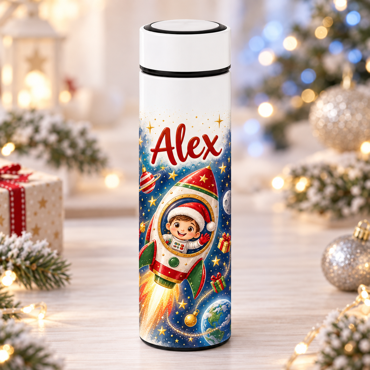 Termos Personalizat 500 ml cu Infuzor de Ceai și Nume – Rachetă de Crăciun